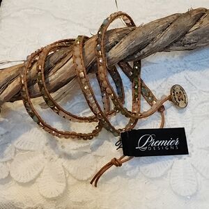 Premier Designs Boho Pop of Posh Tan M, Blue and Green Beaded Wrap Bracelet